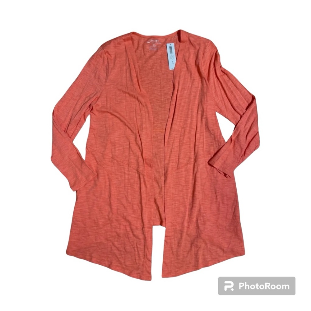 Chico’s cotton slub Cardigan long sick, pockets, nectarine color size 2